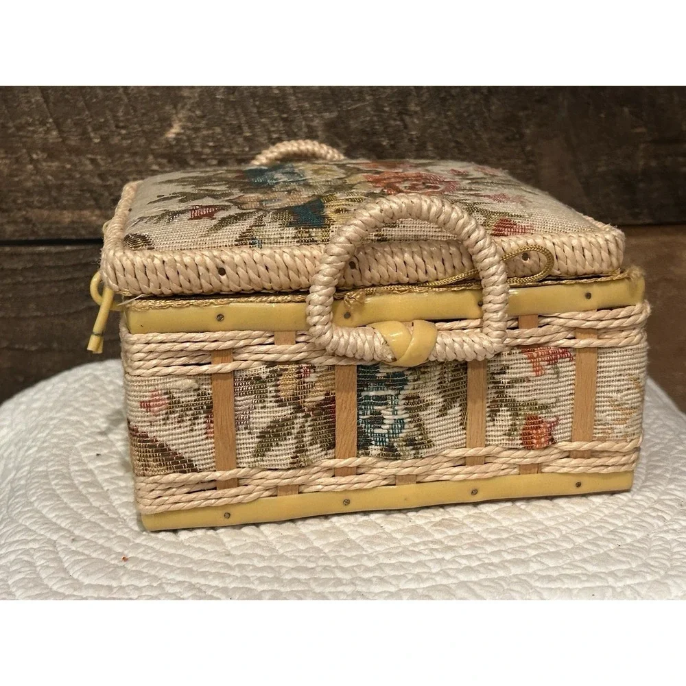 VTG Wicker Embroidered Floral Tapestry Woven Sewing Basket padded satin interior